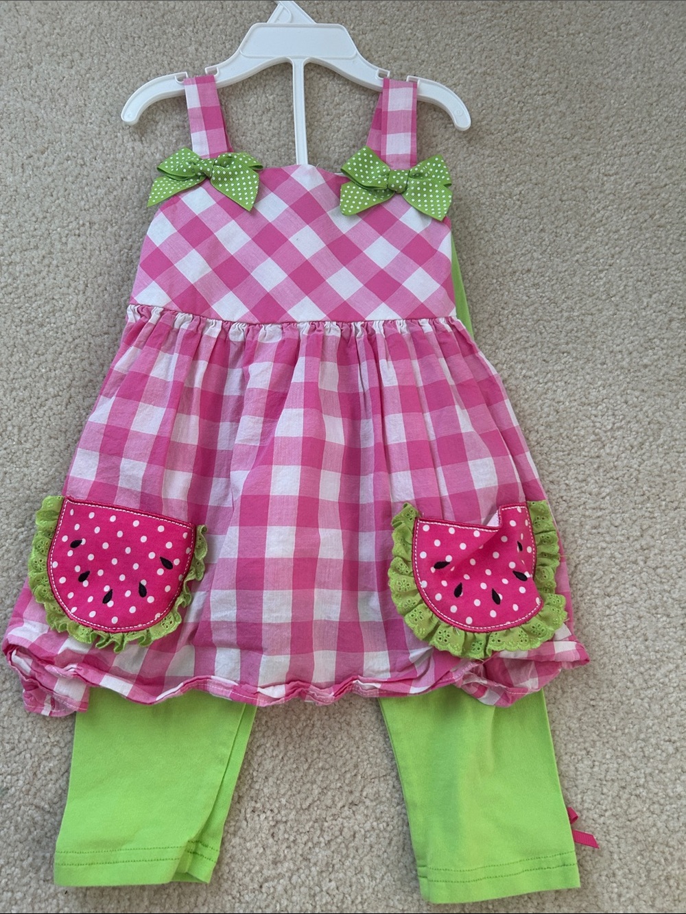 Girls 4t two piece outfit set watermelon gingham plaid smocked back capri pants
